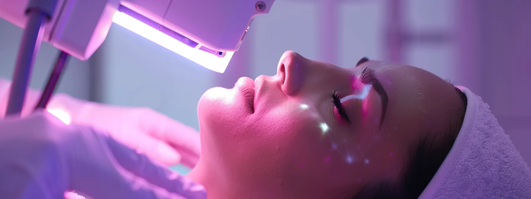 a close-up shot of a laser hair removal machine in action, emitting a bright beam of light onto a client's skin at lemel medical spa.