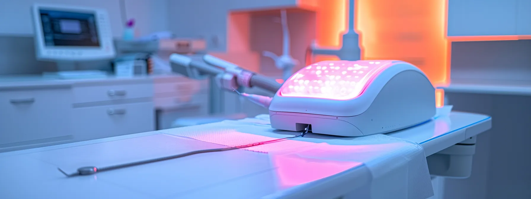 a laser treatment device glows brightly, illuminating a microneedling tool on a clean white medical spa table.