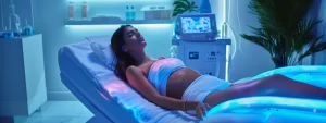 a person receiving a body sculpting treatment with a freezing machine, surrounded by a calming spa setting.