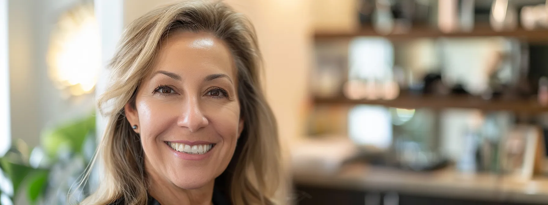 a radiant client smiling with glowing, youthful skin after lemel medical spa's rejuvenating treatment.