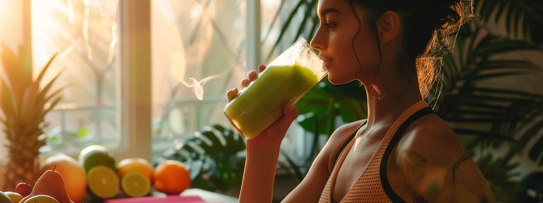 a radiant woman drinking a green smoothie after a workout, surrounded by fresh fruits and a yoga mat, emphasizing the importance of nutrition and physical activity in enhancing a skincare routine.