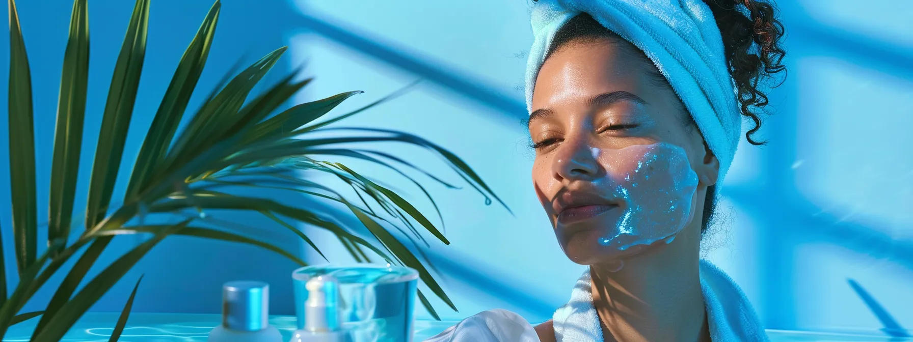 a serene image of a woman with glowing, freshly exfoliated skin, surrounded by gentle skincare products and a glass of water, emphasizing the importance of avoiding harsh ingredients and staying hydrated after a chemical peel.
