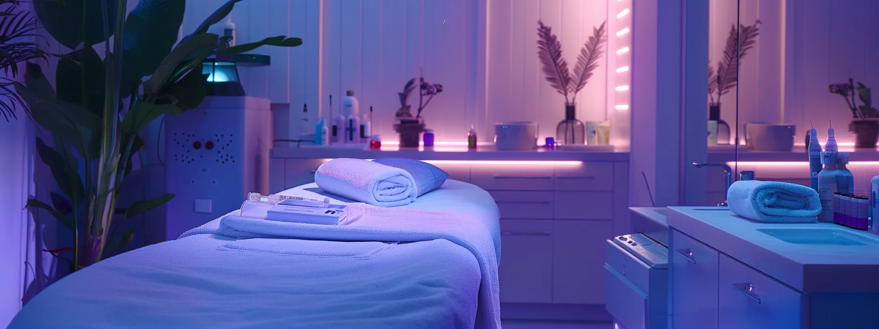 a serene spa room featuring a luxurious set up of botox, dermal fillers, skincare products, and laser equipment, creating a comprehensive treatment experience.