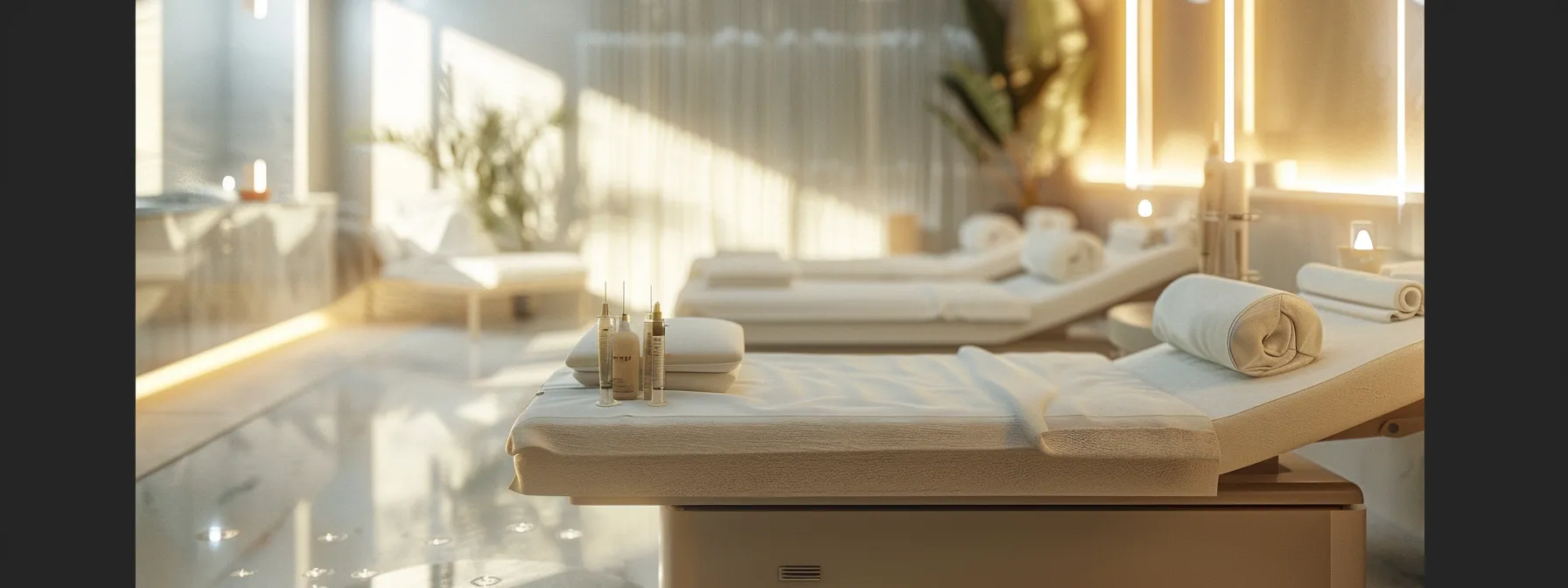 a serene spa room with a focused shot on a lineup of personalized botox injections for different needs.