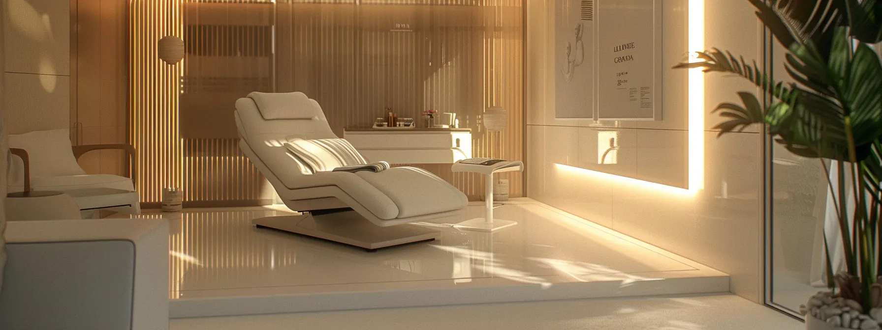 a serene spa room with a plush white chair, soft lighting, and a sleek brochure on botox treatments, inviting clients to schedule their appointment today at lemel med spa.