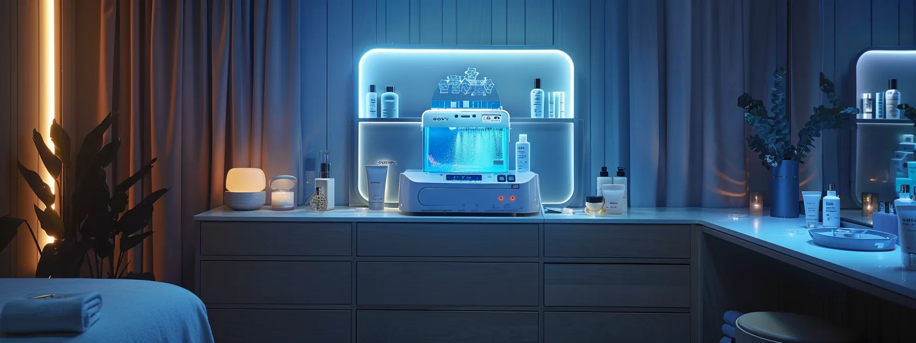 a serene spa room with a glowing hydrafacial machine surrounded by soft lighting and luxurious skincare products. a serene spa room with a glowing hydrafacial machine surrounded by soft lighting and luxurious skincare products.
