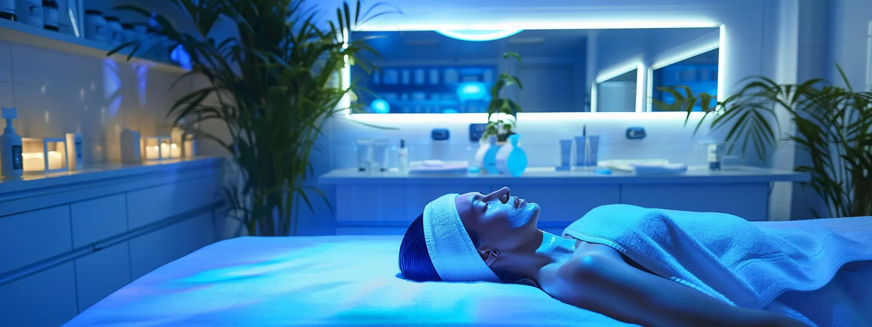a serene spa room with a client receiving a hydrafacial treatment, surrounded by glowing skincare devices and products at lemel medical spa.