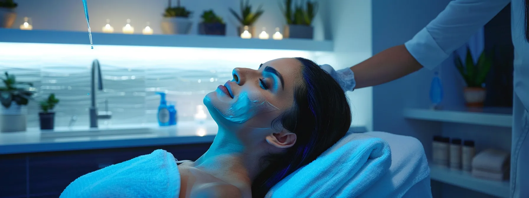 a serene spa room with a client receiving a customized hydrafacial treatment, surrounded by gentle lighting and soothing decor.
