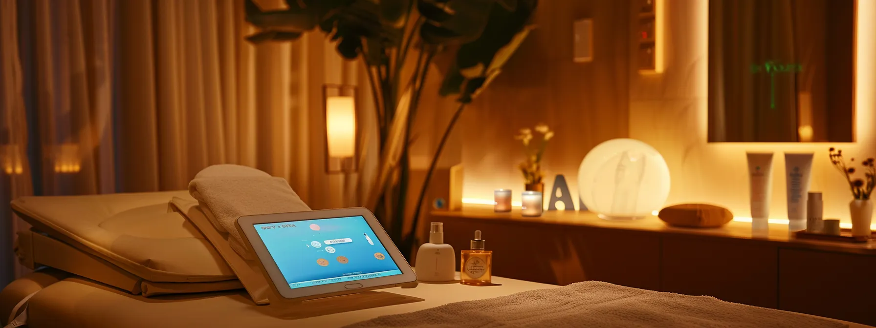 a serene spa room with a glowing skin treatment plan displayed on a sleek tablet, surrounded by medical-grade fillers and advanced rejuvenation tools.