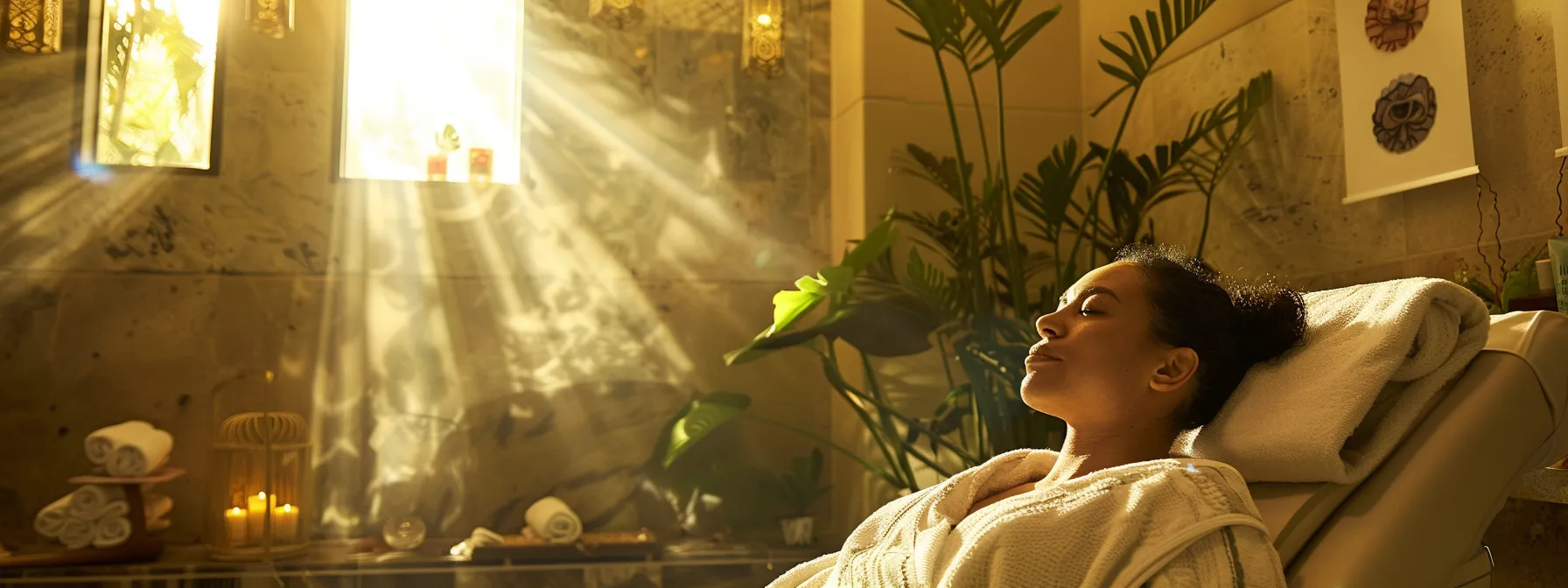 a serene spa setting with a patient peacefully enjoying a post-treatment care session, surrounded by soothing ambiance and healing energy.