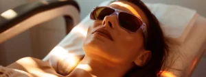 a serene woman basking in the gentle glow of a laser hair removal treatment at lemel medical spa.