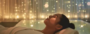 a serene woman receiving a luxurious facial treatment at lemel spa, surrounded by soft, glowing lights and relaxing aromas.