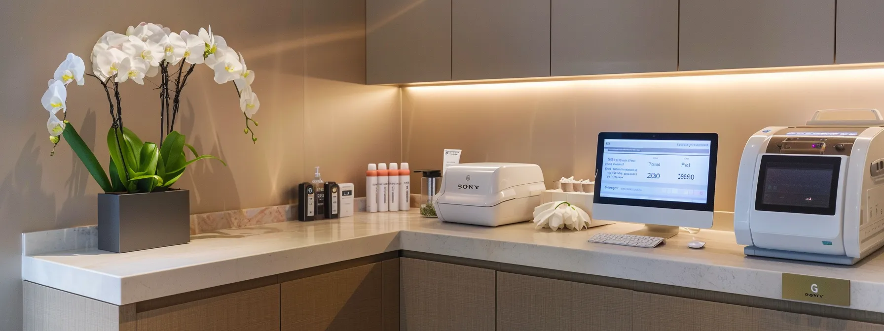 a sleek and modern spa reception desk with a computer displaying online resources for laser hair removal pricing.