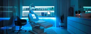 a sleek, modern spa treatment room with a luxurious hydrafacial machine glowing softly in the center, showcasing lemel medical spa's premium services.