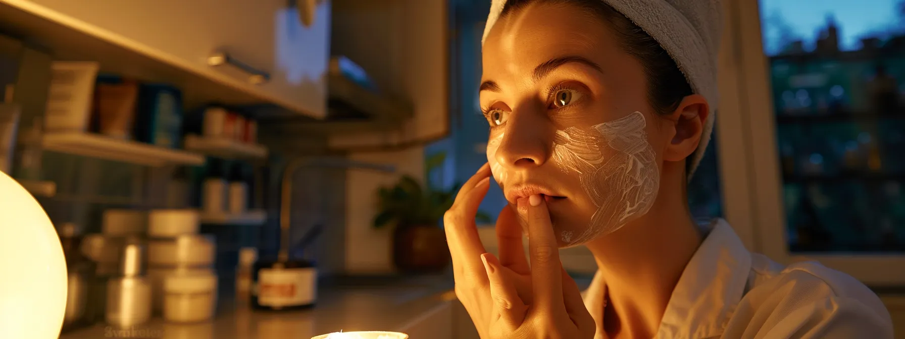 a woman applying soothing moisturizer to her glowing, freshly peeled skin at lemel medical spa.