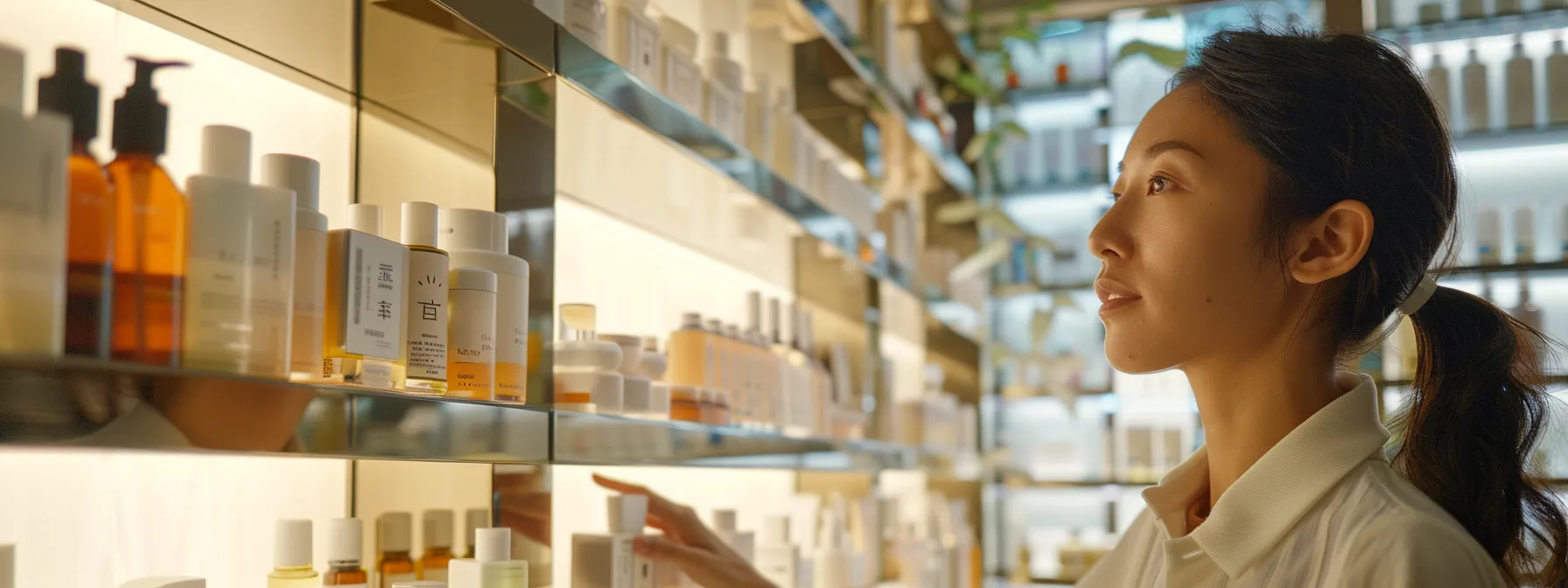 a woman carefully selecting various bottles of gentle cleansers, targeted serums, and hydrating moisturizers for her anti-aging skincare routine.