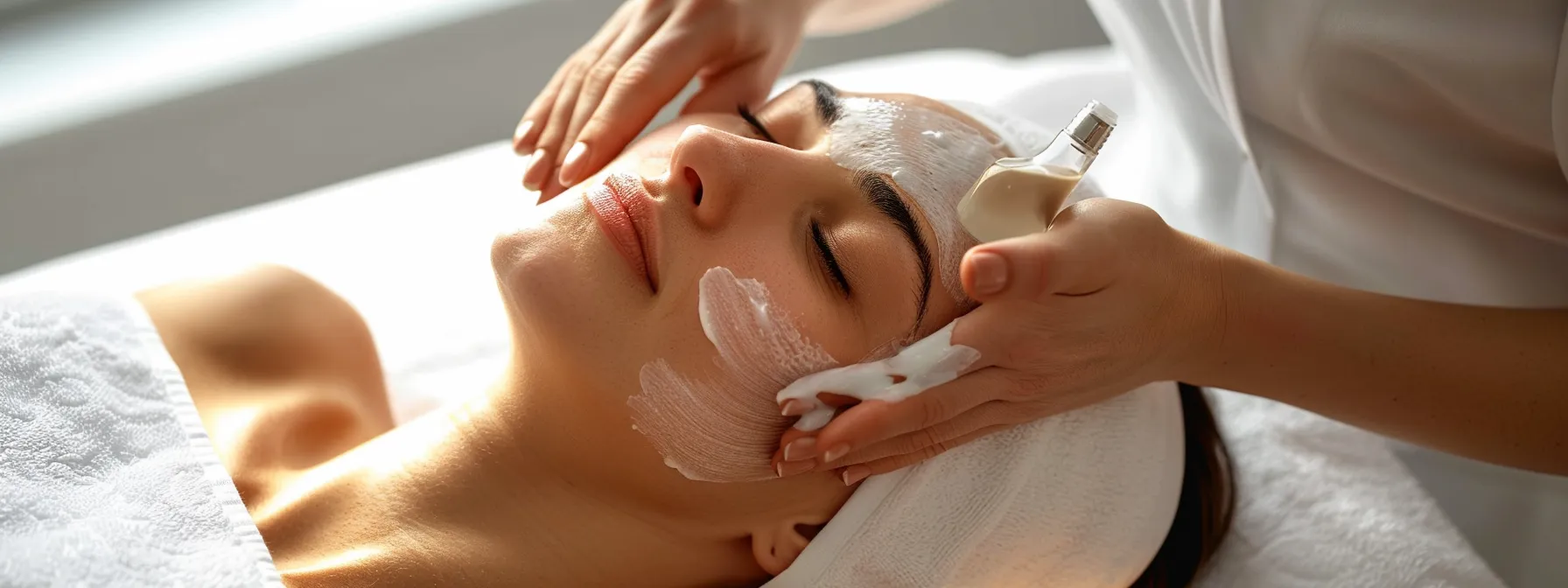 a woman gently applying a hydrating serum to her glowing, rejuvenated skin after a chemical peel treatment.