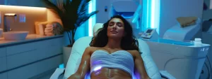a woman receiving laser hair removal treatment at lemel med spa, surrounded by state-of-the-art equipment and a soothing, modern decor.