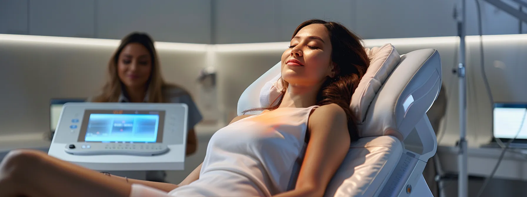 a woman reclining comfortably in a modern clinic chair, surrounded by advanced laser technology and smiling technicians, ready for painless laser hair removal.