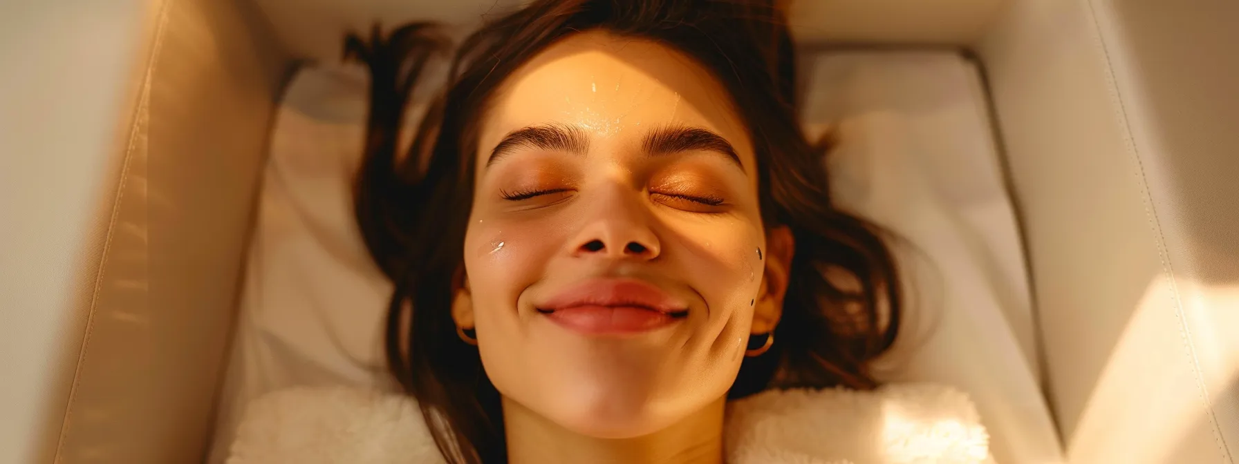 a woman smiling comfortably during a painless laser hair removal session, with a gentle warmth and a hint of relaxation in the air.