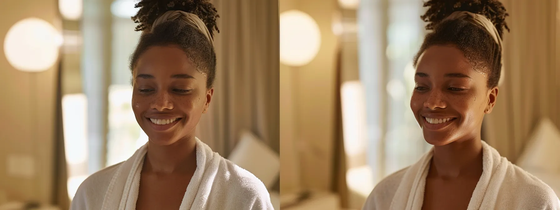 a woman with glowing, rejuvenated skin smiling radiantly after a spa treatment.