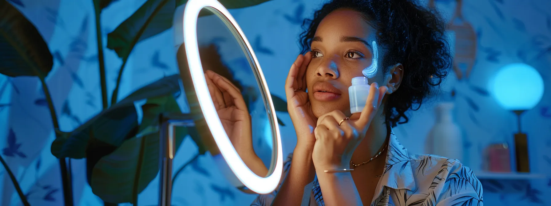 a woman with radiant, youthful skin holding various anti-aging products in front of a mirror, trying to choose between natural and synthetic options.