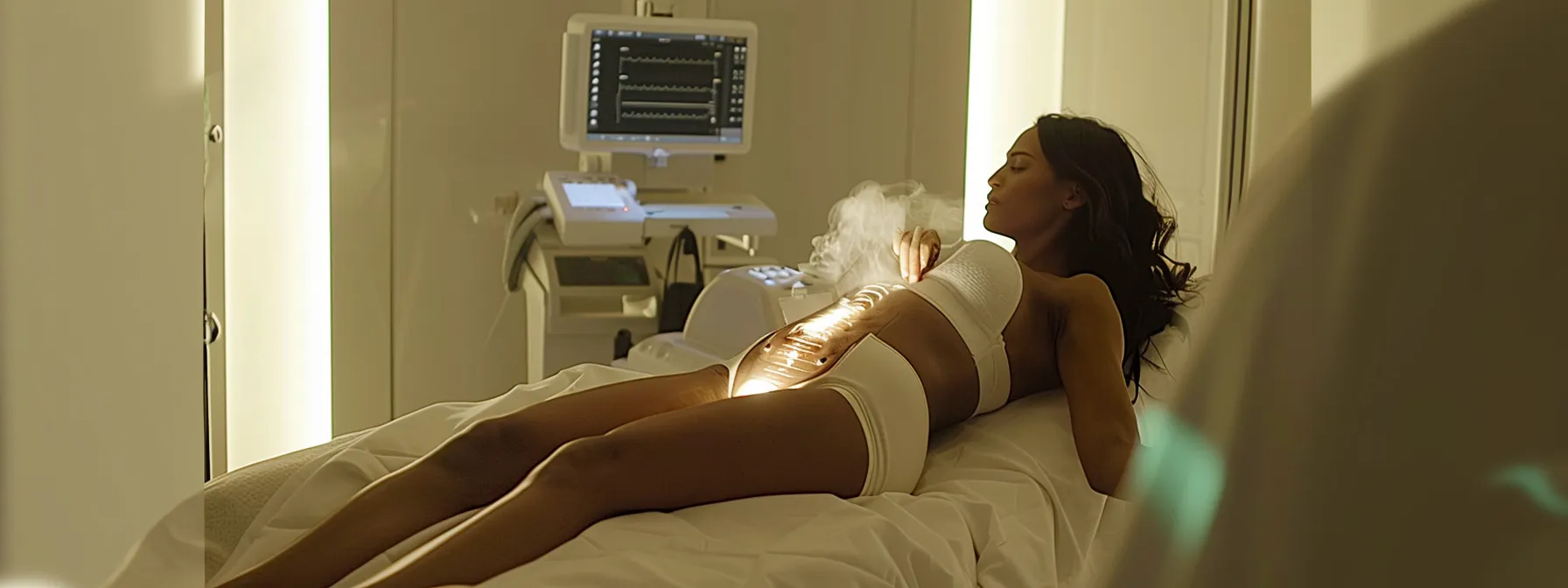 an image of a woman undergoing a radiofrequency treatment for skin tightening, with a technician using a specialized device on her abdomen, showcasing the advanced technology of non-surgical body sculpting treatments.