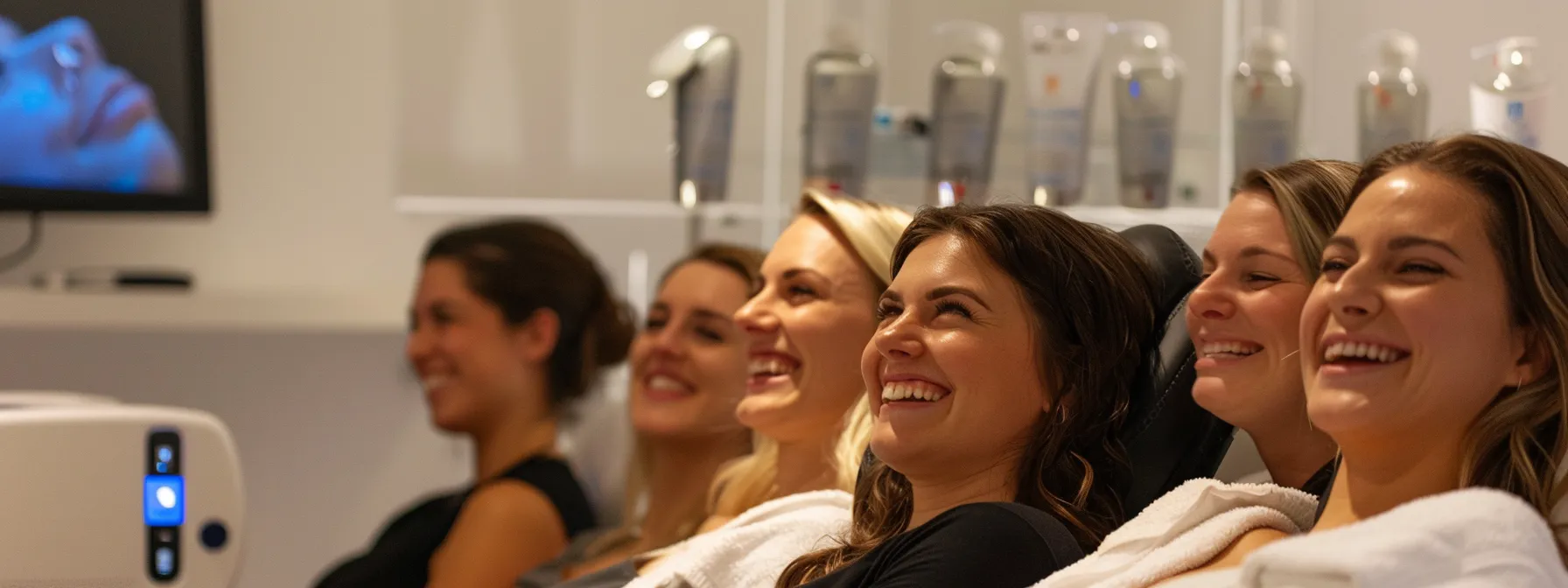 radiant smiles and glowing skin fill the room as happy clients share their transformative hydrafacial success stories at lemel medical spa.